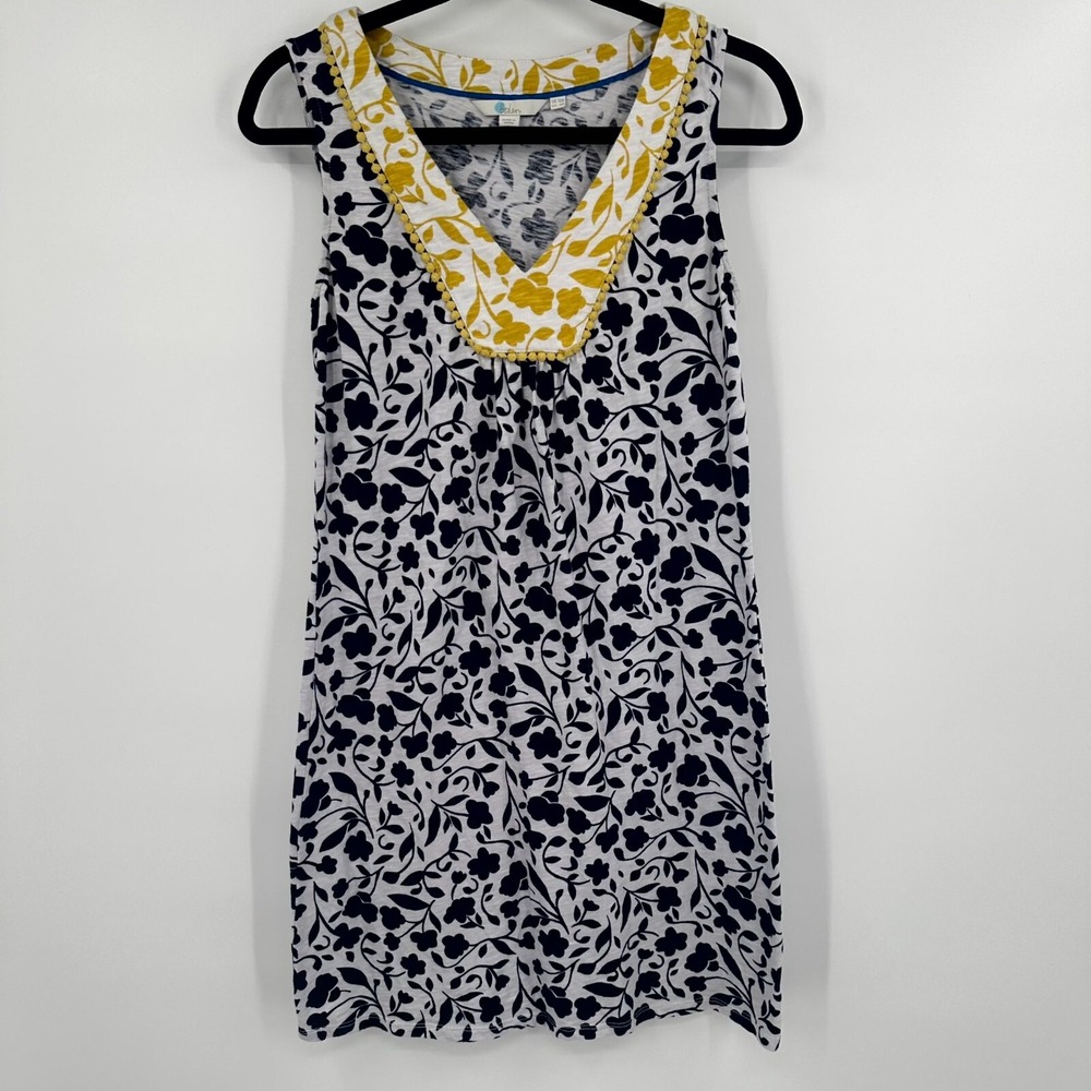 Boden Tarifa Jersey Dress Women's 6R Blue Yellow Floral Sleeveless Lace V Neck